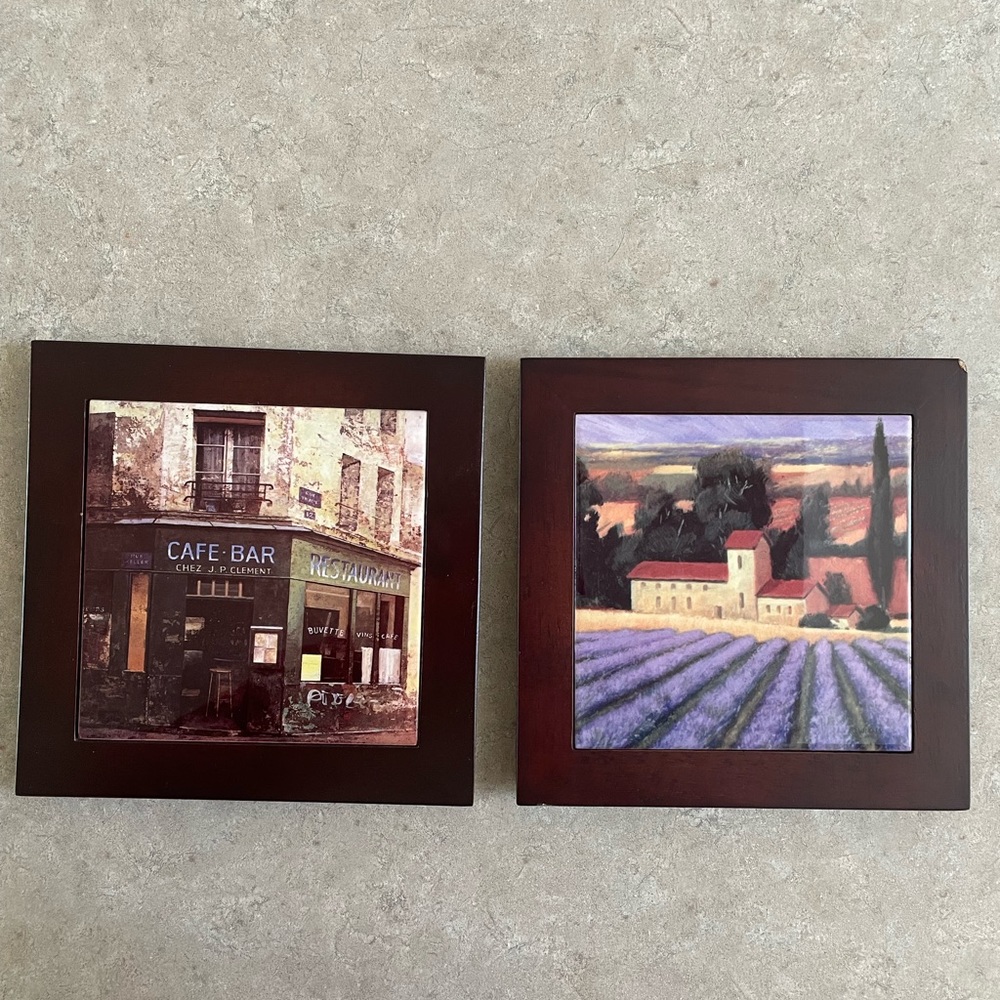 Set of 2 French picture framed ceramic tiles